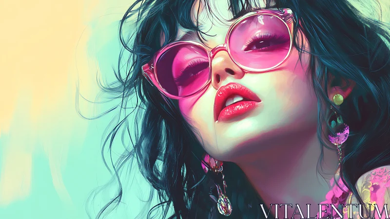 Bold pink sunglasses frame a confident, colorful gaze