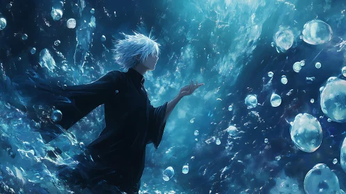 Solitary silver-haired figure drifting through azure spheres.