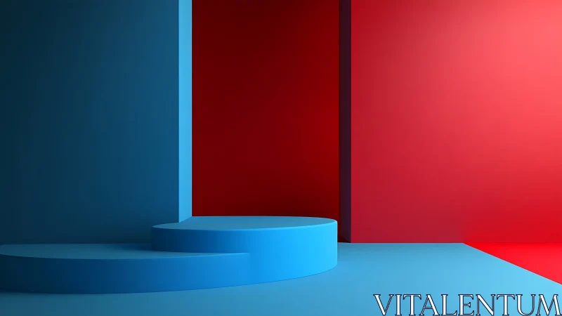 Minimalist blue podium stands against bold red walls