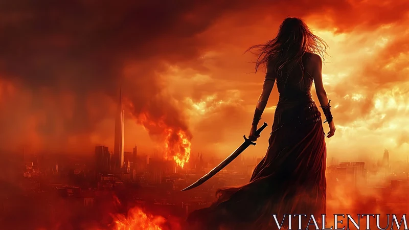 Fiery warrior watches a burning city and claims her ground