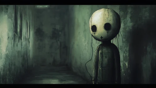 Quiet doll-like figure waits softly in a shadowed hallway