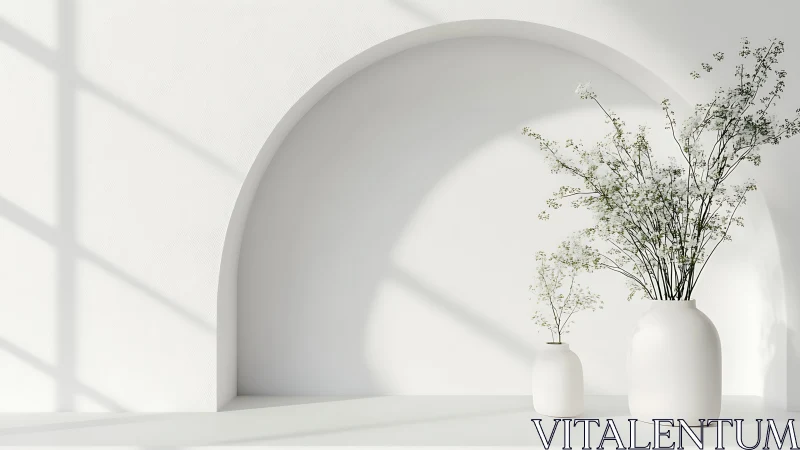 Diffuse daylight on white arch niche with ceramic vases.