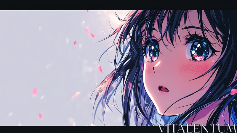 Blushing anime girl under soft falling petals at dusk.
