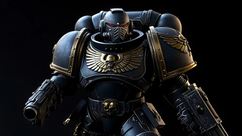 Armored sci fi warrior in black power suit with gold trim.