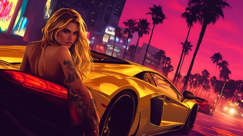 Neon sunset boulevard frames tattooed model and reflective supercar