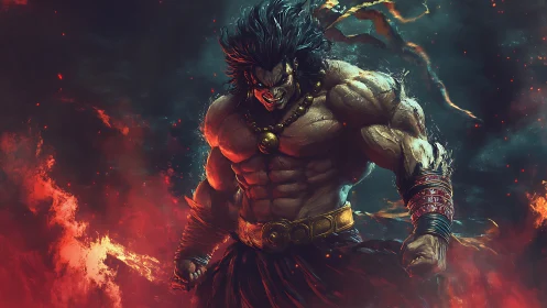 Mythic warrior stands in swirling fire and smoke