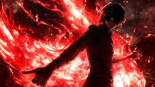 Dark anime antihero unleashes blazing crimson energy storm
