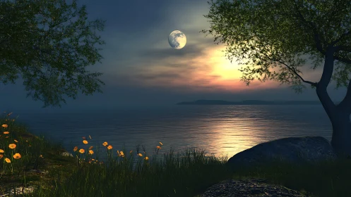 Calm lakeside horizon with moon, sunset and shoreline trees.