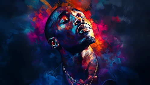 Chromatic reverie of a singer crowned in neon blaze.