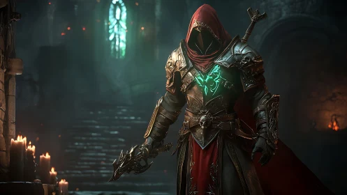 Armored mage channels emerald power in dark cathedral hall