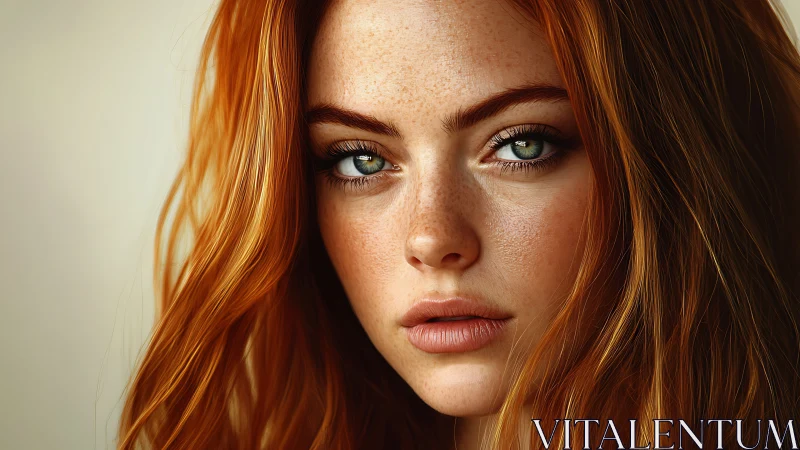 Red haired woman stares directly at camera in close portrait