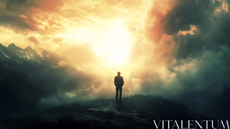 Solitary figure before blazing mountain sunrise portal.