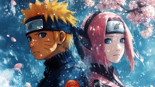 Dual ninja portraits framed by swirling sakura petals.