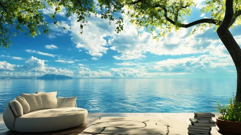 Curved outdoor sofa faces calm ocean under leafy tree shade