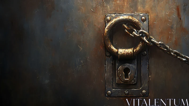 Rusty metal door lock with chain on dark textured surface.