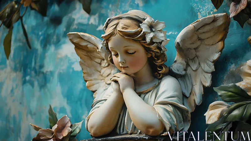 Serene angel statue with folded hands against teal sky.