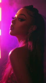 Neon-lit beauty portrait bathed in magenta studio glow.