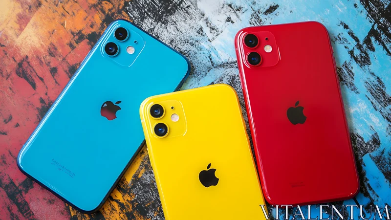 Colorful smartphones lined up on a bold painted backdrop.