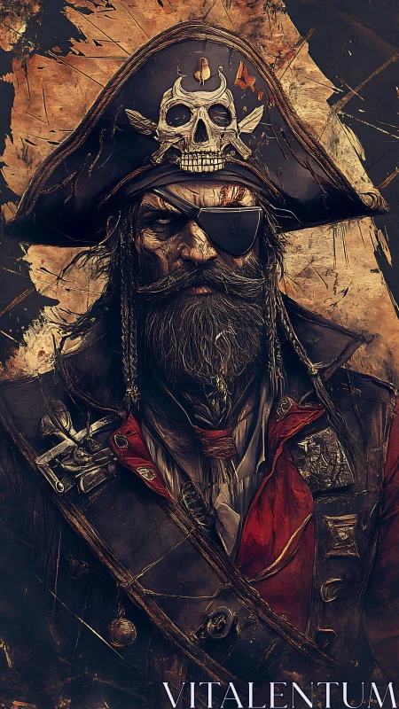 Weathered pirate captain with fierce gaze and bold style.