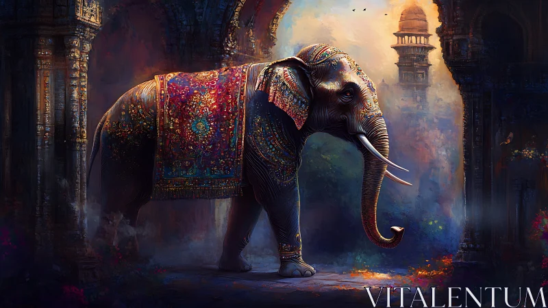Decorated elephant stands between ornate arches at dusk
