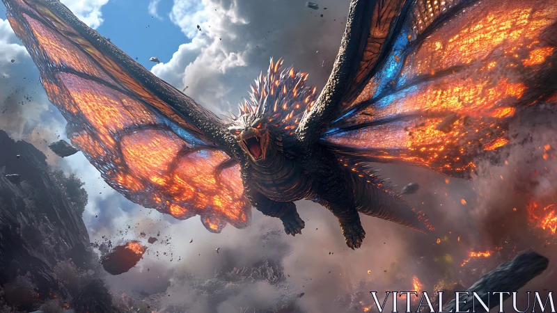 Volcanic dragon in mid-flight rendered with cinematic detail
