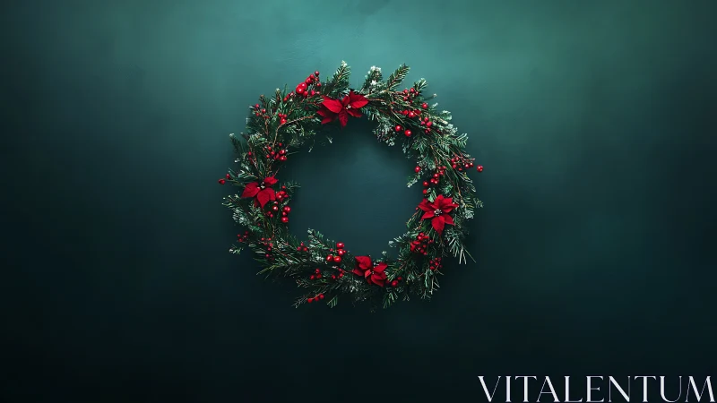 Christmas wreath with red poinsettias on teal background.
