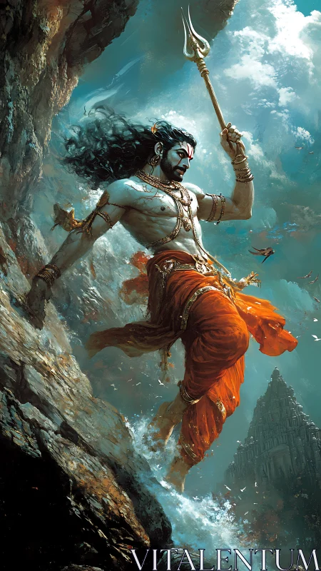 Mythic warrior ascends stormy cliff with trident and dynamic cloth