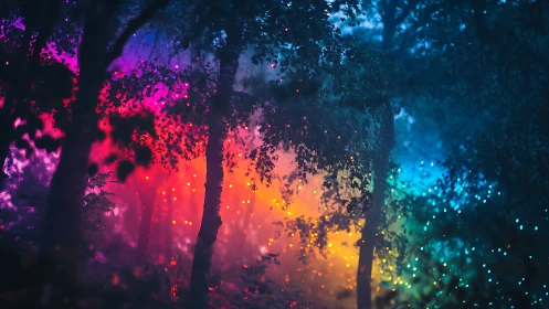 Neon Forest Glow: Magical Woodland Illuminated by Vibrant Lights