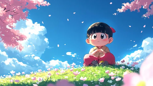 Child under cherry blossoms sits on sunlit hill in anime style