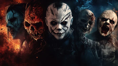 Row of demonic masked figures stands in fiery and smoky haze