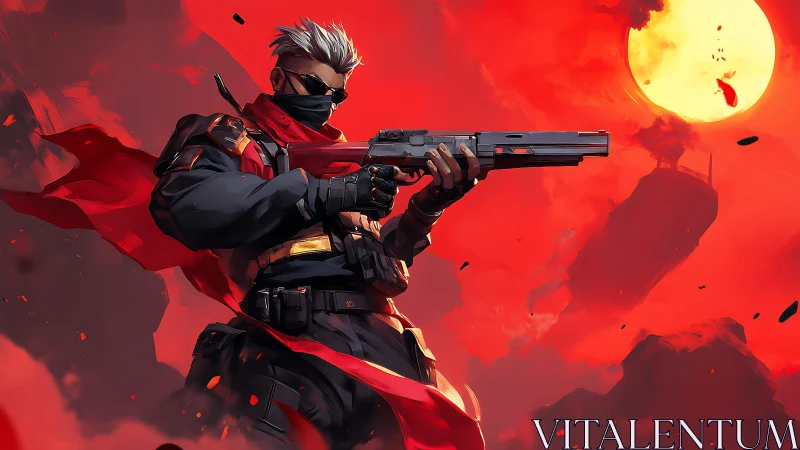 Masked gunman stands under red sky holding large pistol