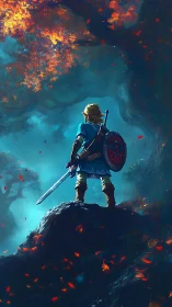 Heroic swordsman surveys a glowing enchanted forest horizon.