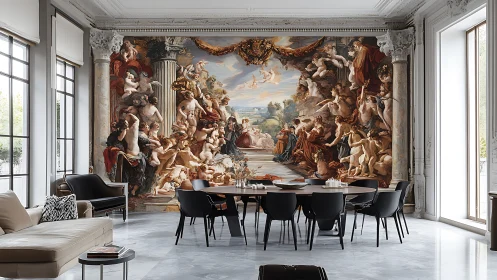 Modern dining room showcases monumental baroque mural centerpiece