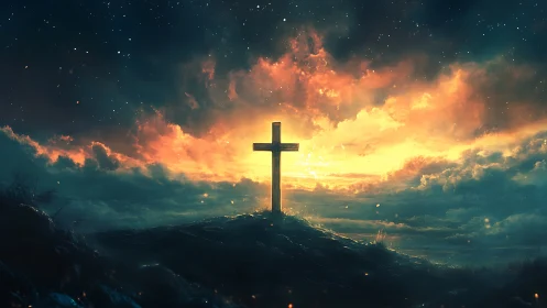 Lonely wooden cross rises against blazing celestial sunset