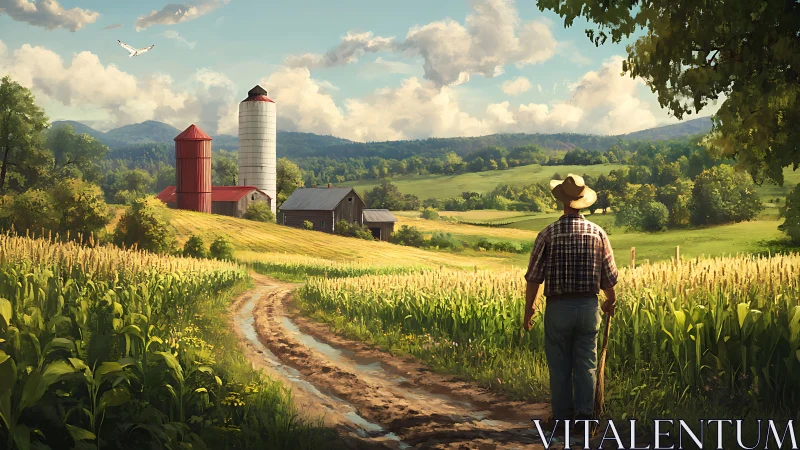 Farmer on muddy track surveys sunlit cornfields and silo complex