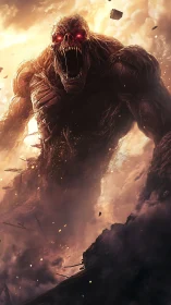 Colossal fire-eyed titan striding through a storm of ruin.