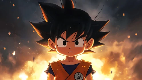 Small warrior stands unshaken before a storm of embers