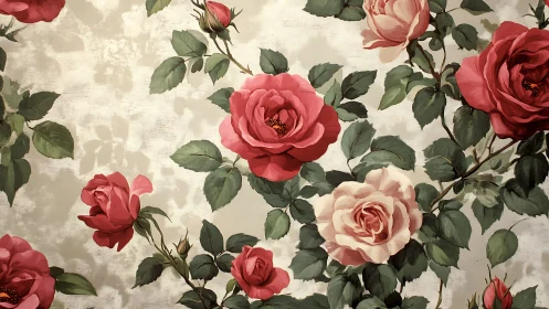 Botanical rose cluster on textured vintage pigment field.