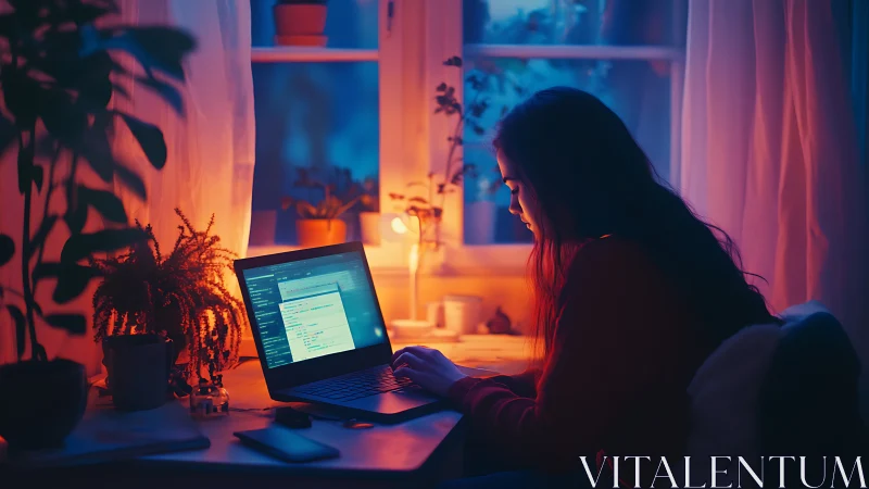 Developer codes at warm-lit desk with cool blue window glow.