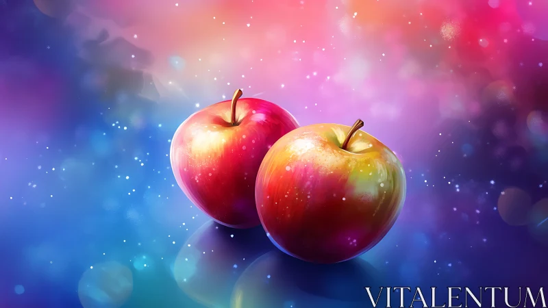 Radiant apples glow softly against a dreamy cosmic sky