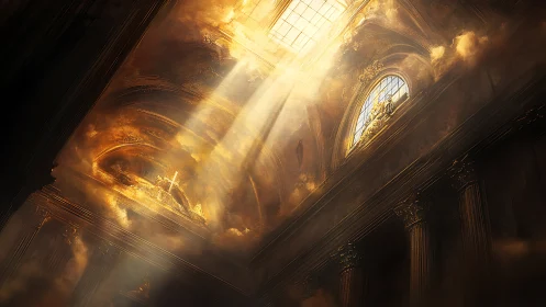Sunlit cathedral vault with golden clouds and pillars.