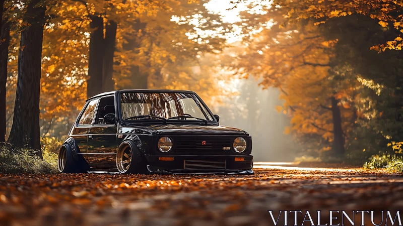 Lowered retro hatchback rests on a golden autumn forest road