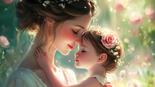 Woman and Child Surrounded by Flowers in Soft Light