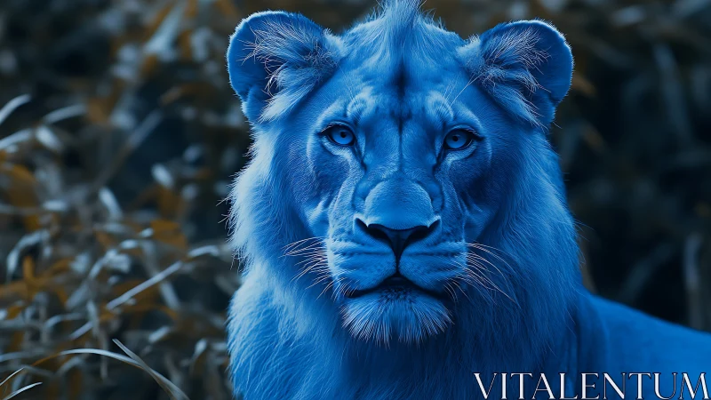 Calm blue lion gazing softly through the twilight forest.