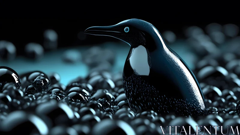 Glossy Penguin Surrounded by Shiny Bubbles in Futuristic Art. Glossy Penguin Surrounded by Shiny Bubbles in Futuristic Art.