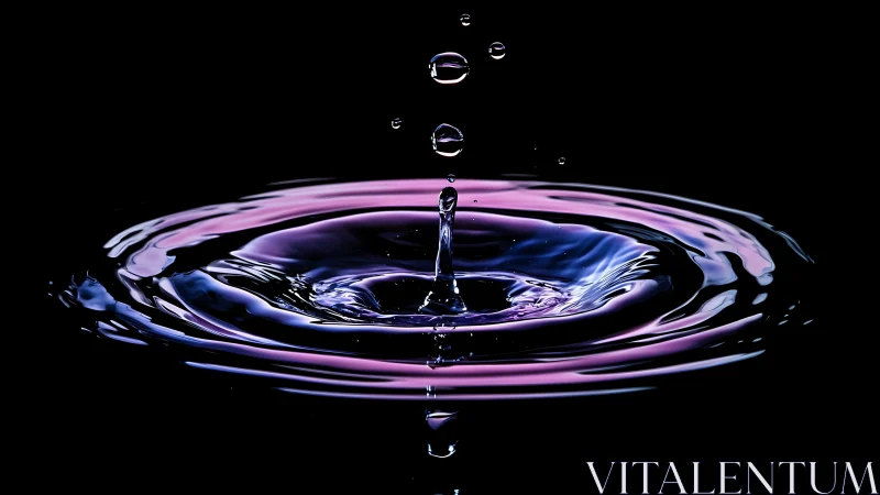 Neon water droplet impact over dark reflective surface.