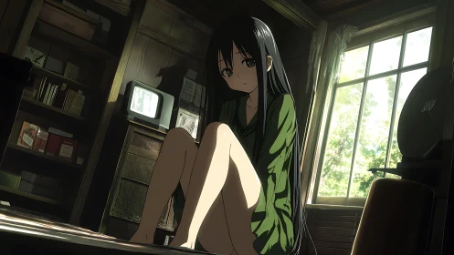 Solitary figure seated in dim interior near bright window