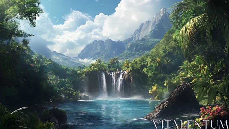 Lush tropical lagoon with central waterfall and peaks.