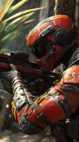 Armored sci fi soldier aiming rifle in dense outdoor terrain.