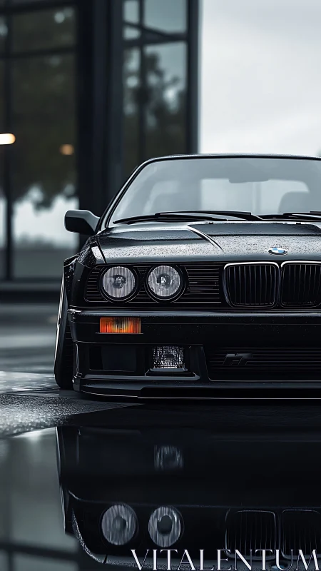 Front close-up of black BMW sedan on wet urban pavement.